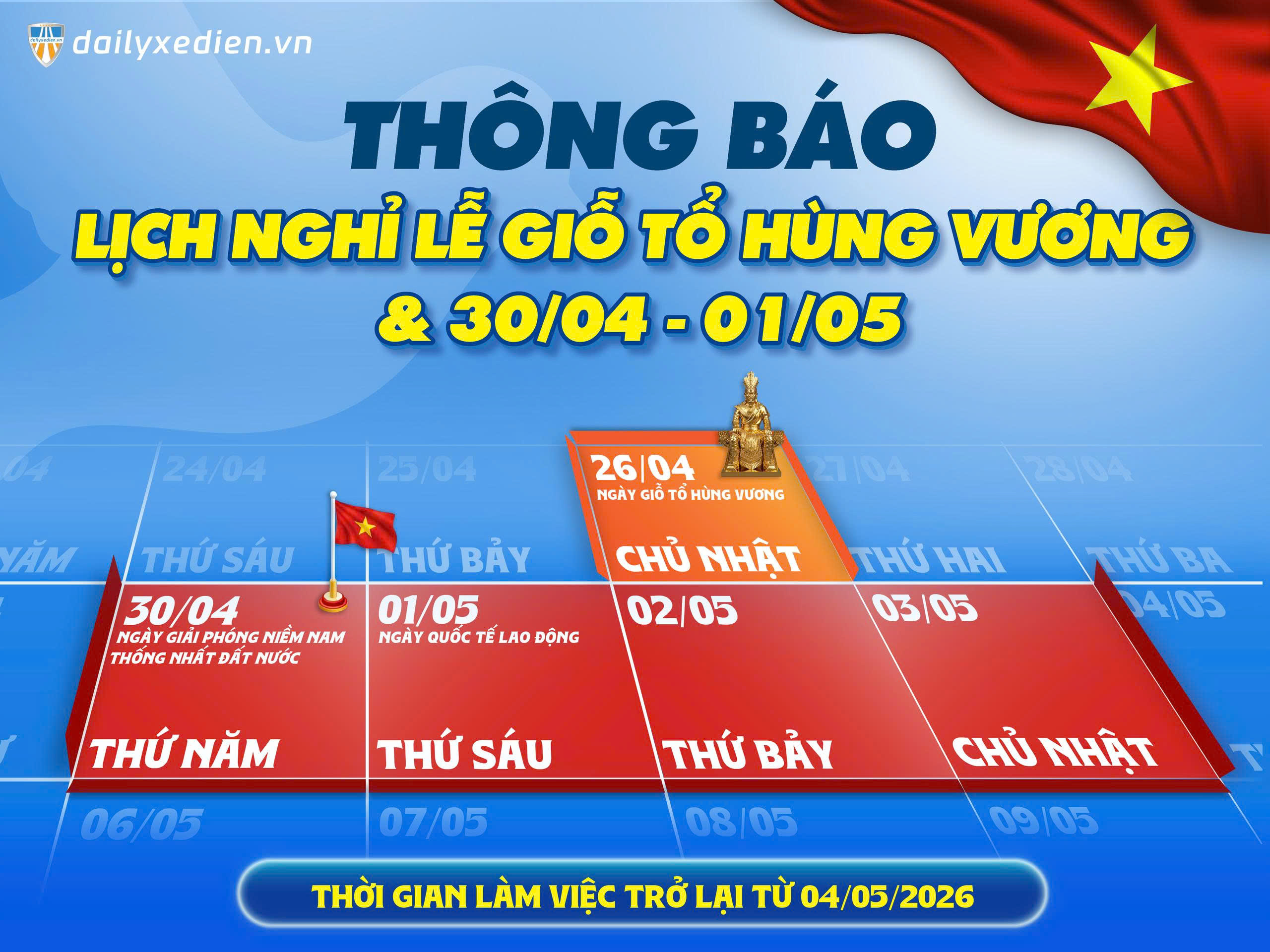 BLUERA VIỆT NHẬT THÔNG BÁO LỊCH NGHỈ LỄ 2026 GIỖ TỔ HÙNG VƯƠNG VÀ ĐẠI LỄ 30/04 – 01/05